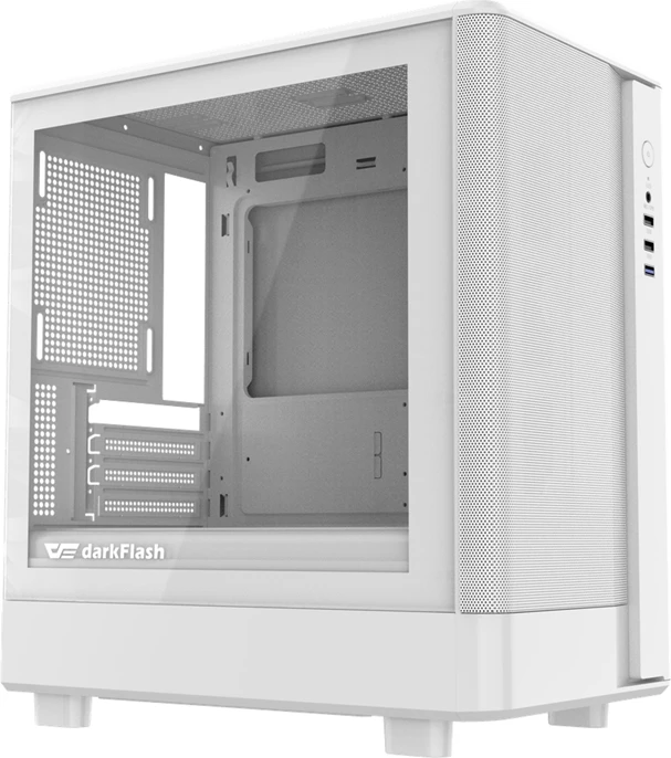 Kasë Darkflash DB330M Mesh midi tower, M-ATX/ITX, 4 slote PCI, pa ventilatorë, 2x HDD 3.5", 1x SSD 2.5", panel xham i kalitur, e bardhë