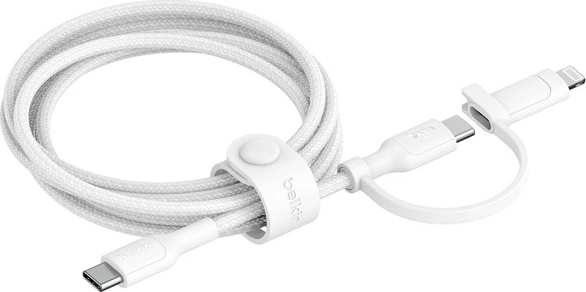 Kabllo karikimi Belkin BoostCharge Pro 2-në-1 USB-C në USB-C/Lightning, 1.5 m, USB PD 60 W, e bardhë