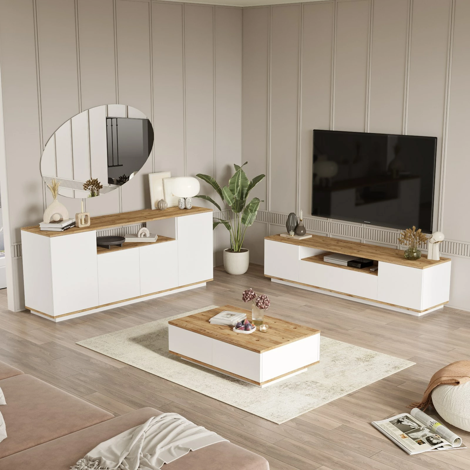 Set mobiljesh për dhomë dite, ngjyrë pishë Atlantike dhe e bardhë, Fr18-Aw