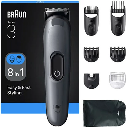 Makinë rroje Braun Series 3 AIO3540, kit 8-në-1, pa kabllo, 0.5–21 mm, zi/hiri