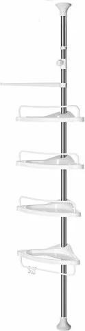 Raft qoshe për banjo SONGMICS BCB02SW, teleskopik 95-300 cm, 4 tabaka, 3 grepa, shufër peshqiri, e bardhë/argjendtë