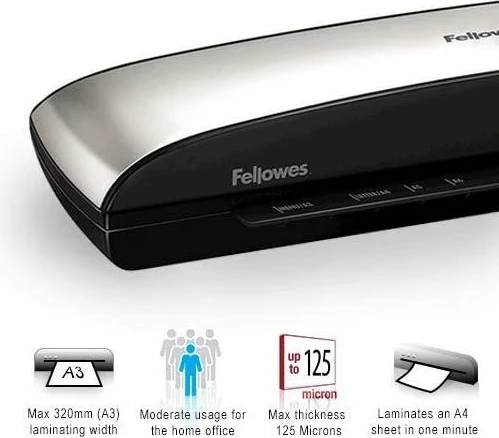Plastifikator FELLOWES Saturn 3i A3, 80-125 mikron, i zi/argjendtë, set 10 qese plastifikimi