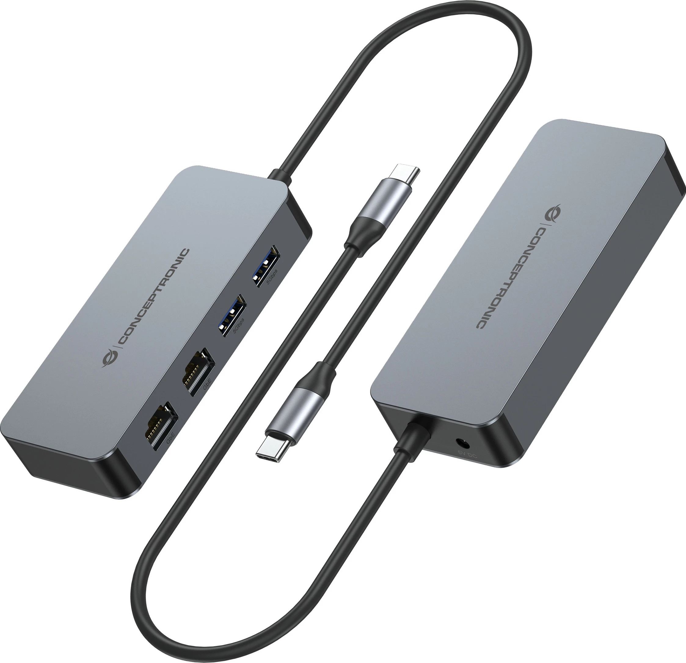 Adapter USB-C Conceptronic, 2xGbE + 2xUSB-A 3.2, 0.30m, gri