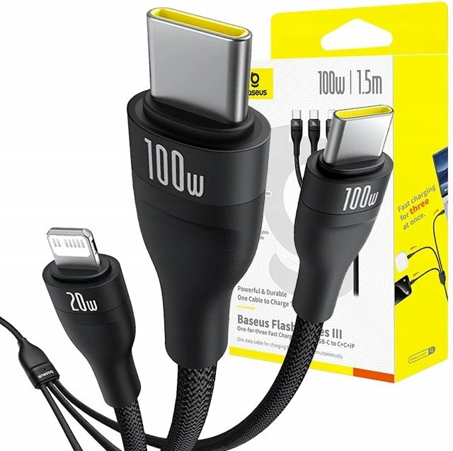Kabllo USB-C Baseus Flash Series 3 3-në-1 100W 1.5 m (2x USB-C + Lightning), e zezë