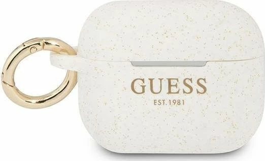 Këllëf mbrojtës silikoni Guess GUAPSGGEH Glitter për AirPods Pro, me klips, i bardhë
