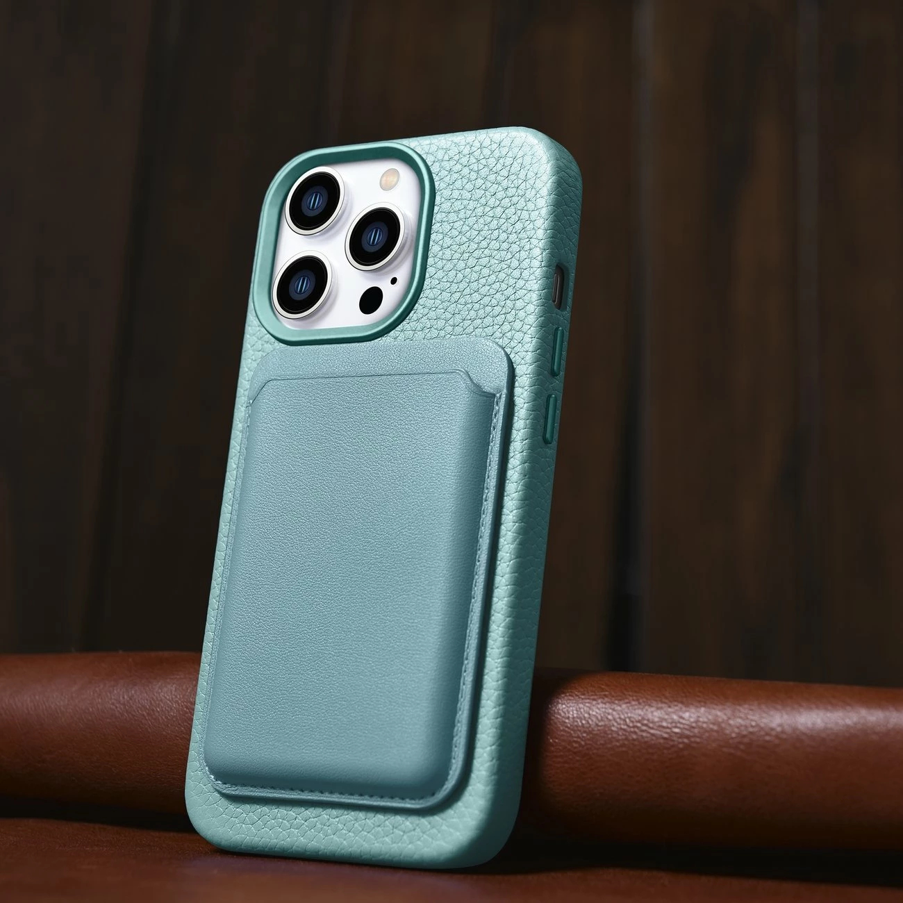 Mbështjellës iCarer Litchi Premium për iPhone 14 Pro Max me MagSafe, Lëkurë, Gjelbër