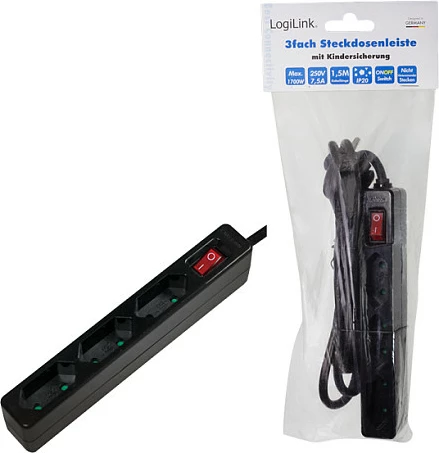 Zgjatues rryme LogiLink, 3 priza euro, me switch, i zi