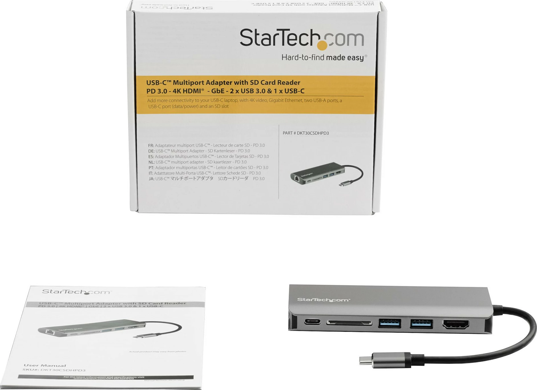 Adapter multiport USB-C StarTech DKT30CSDHPD3, HDMI 4K 60Hz, 2x USB 3.0, GbE, SD/microSD, PD 60W, gri