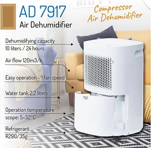 Dehumidifikues ajri ADLER AD7917 10 L/24h, rezervuar 2.2 L, kompresor, i bardhë
