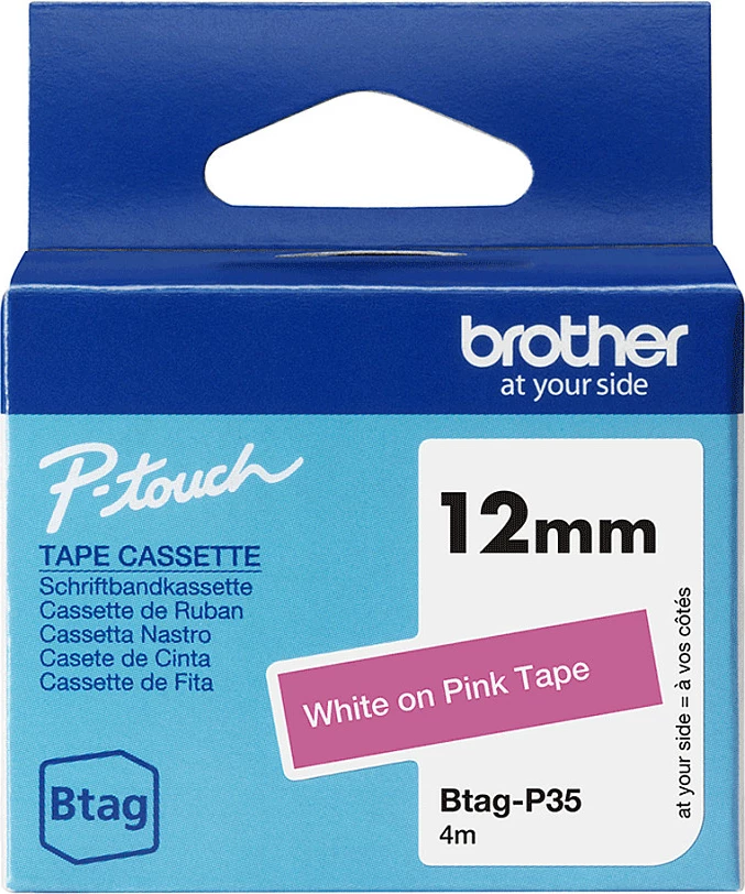 Shirit etikete Brother P-touch Btag-P35, 12mm x 4m, bardhë në rozë