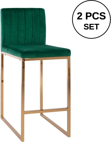 Karrige për bar Piper, kadife, ngjyrë selvi dhe kornizë metalike e artë, FH8525.03, 40x49x96 cm, set prej 2 copë