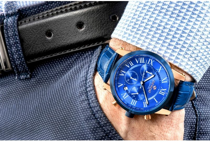 Orë dore meshkuj Giewont GW6260-A5 Copper Blue, rrip lëkure, blu