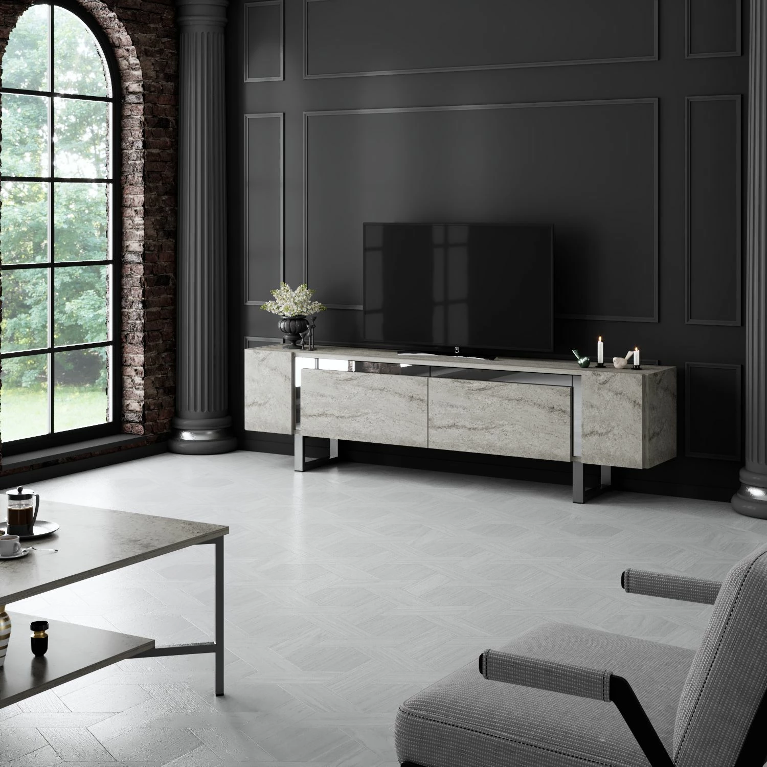 Komodë TV Hanah Home, Yildiz, travertin, argjend