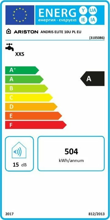Bojler elektrik Ariston Andris Elite 3105086 10 L 2 kW, instalim vertikal nën lavaman, bardhë/zi