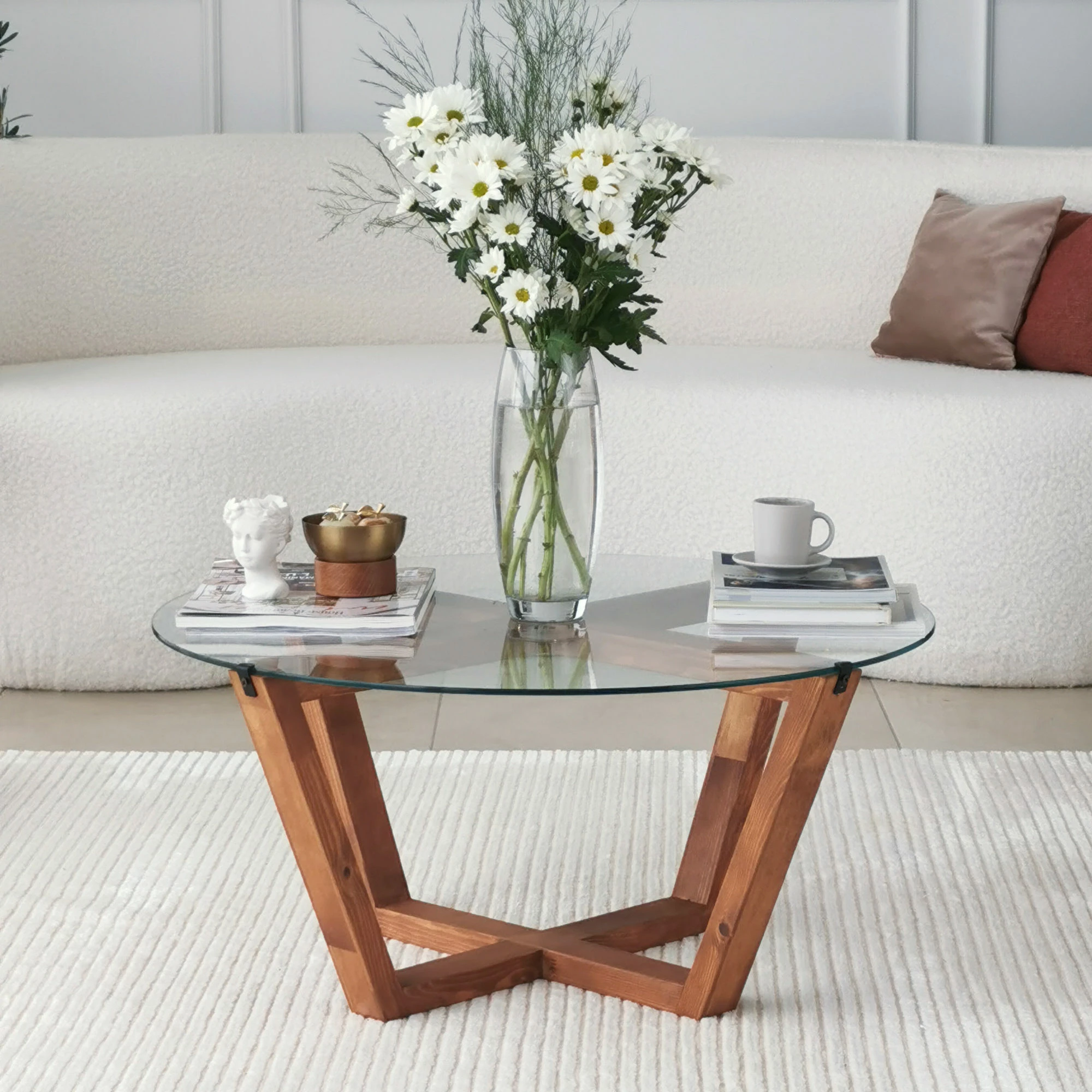 Tavolinë kafeje Hanah Home, Lotus, ngjyrë druri, xham i temperuar, 75x35x75cm