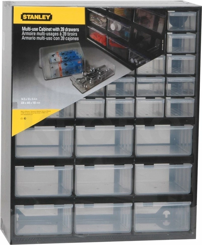 Omaricë organizatore veglash Stanley 1-93-981, 39 sirtarë, 36.5 x 43 x 15.5 cm, e zezë/transparent