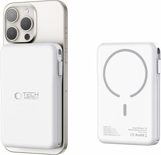 Power bank Tech-Protect LifeMag PB31, 10000mAh, MagSafe, USB-C/USB-A/Lightning, Bardhë