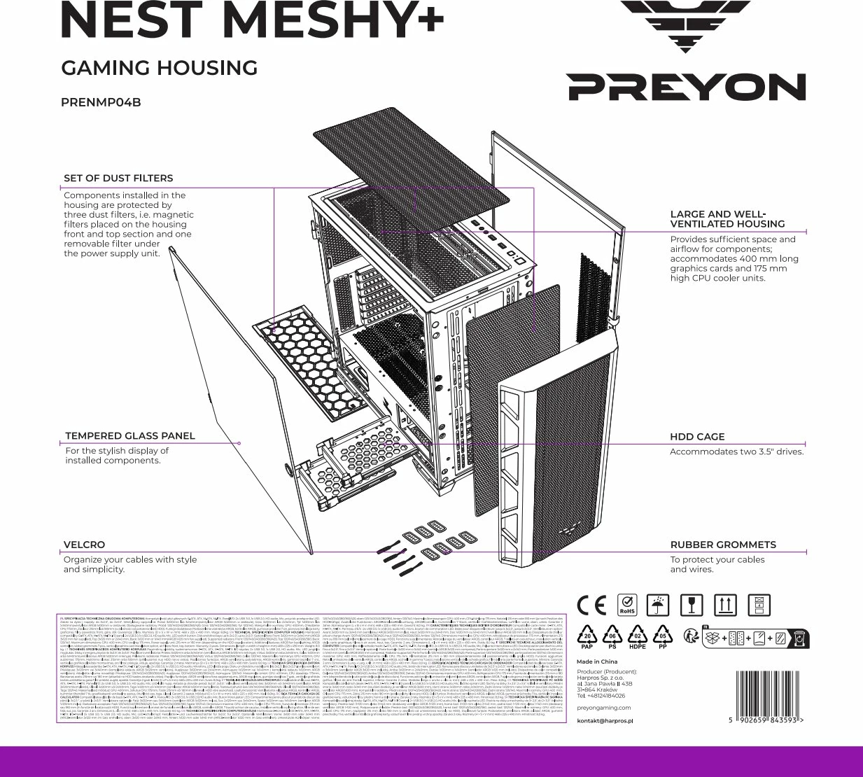 Kasë PREYON Nest Meshy+ PRENMP04B Midi Tower ATX/e-ATX me 4 ventilatorë ARGB, e zezë