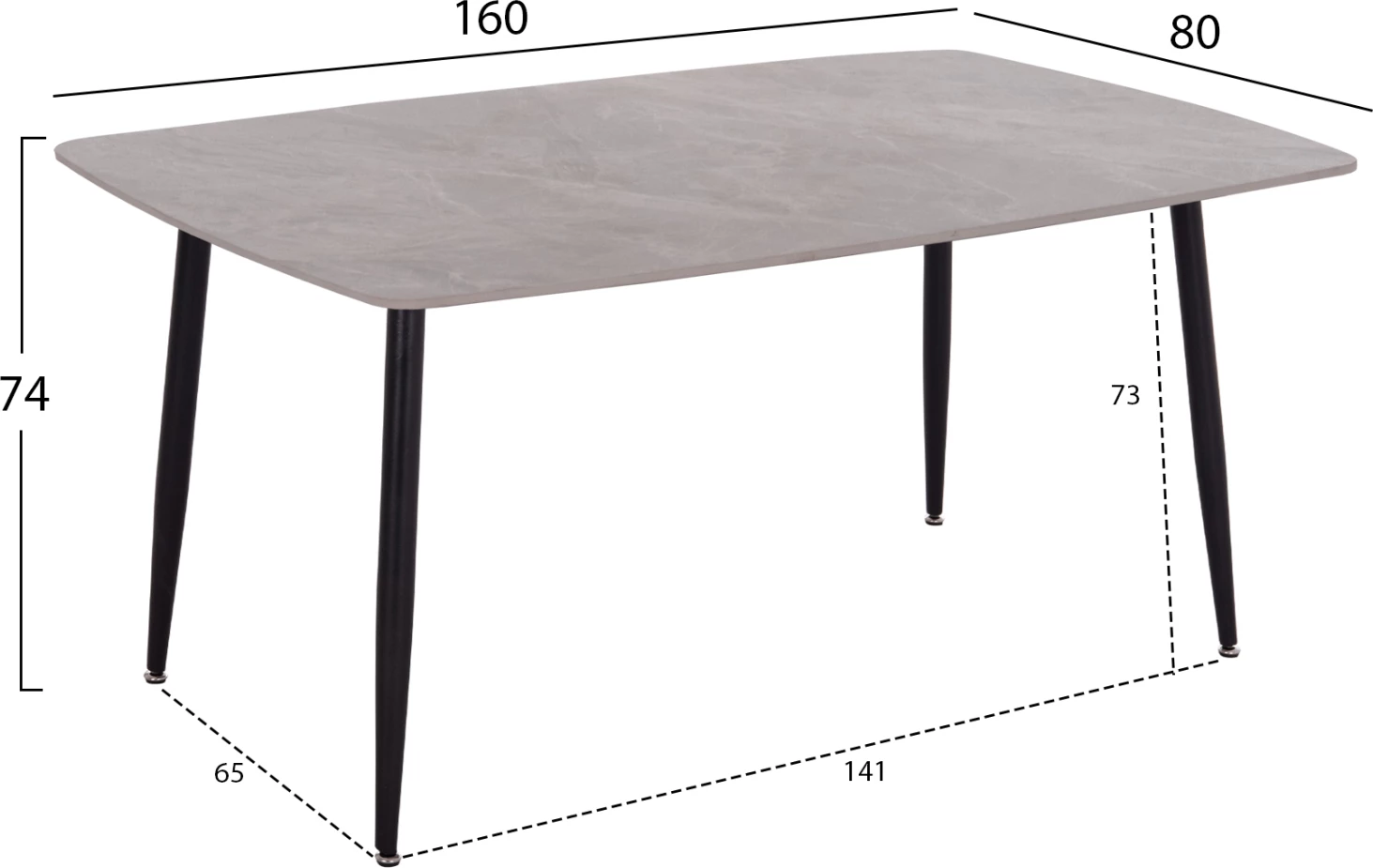 Tavolinë ngrënieje RAVEN, sipërfaqe qeramike, pamje mermeri gri, 160x80x74cm