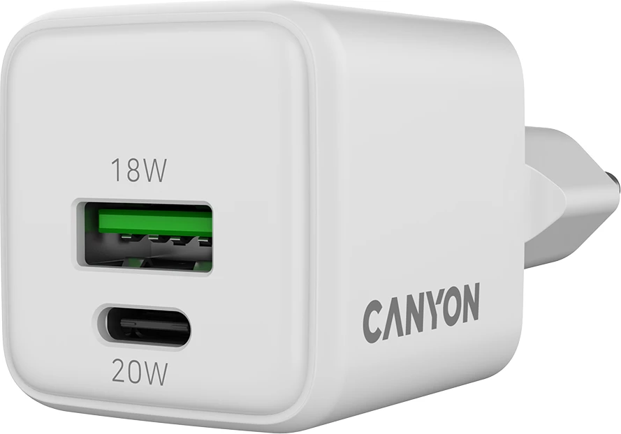 Karikues CANYON CU20AC GaN 20W, 1xUSB-C PD + 1xUSB-A QC, EU, i bardhë