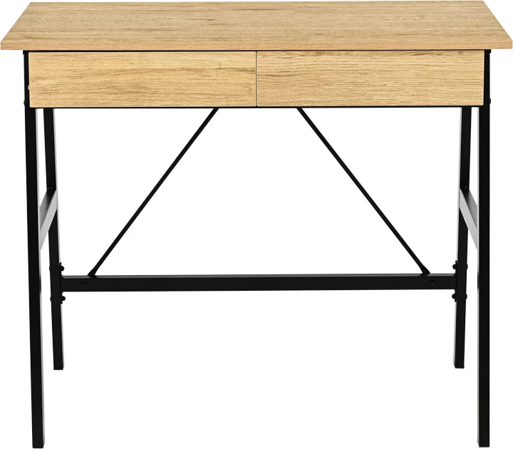 Tavolinë pune me sirtarë, ngjyrë lisi, këmbë metalike të zeza, Lione, 90x50x75cm