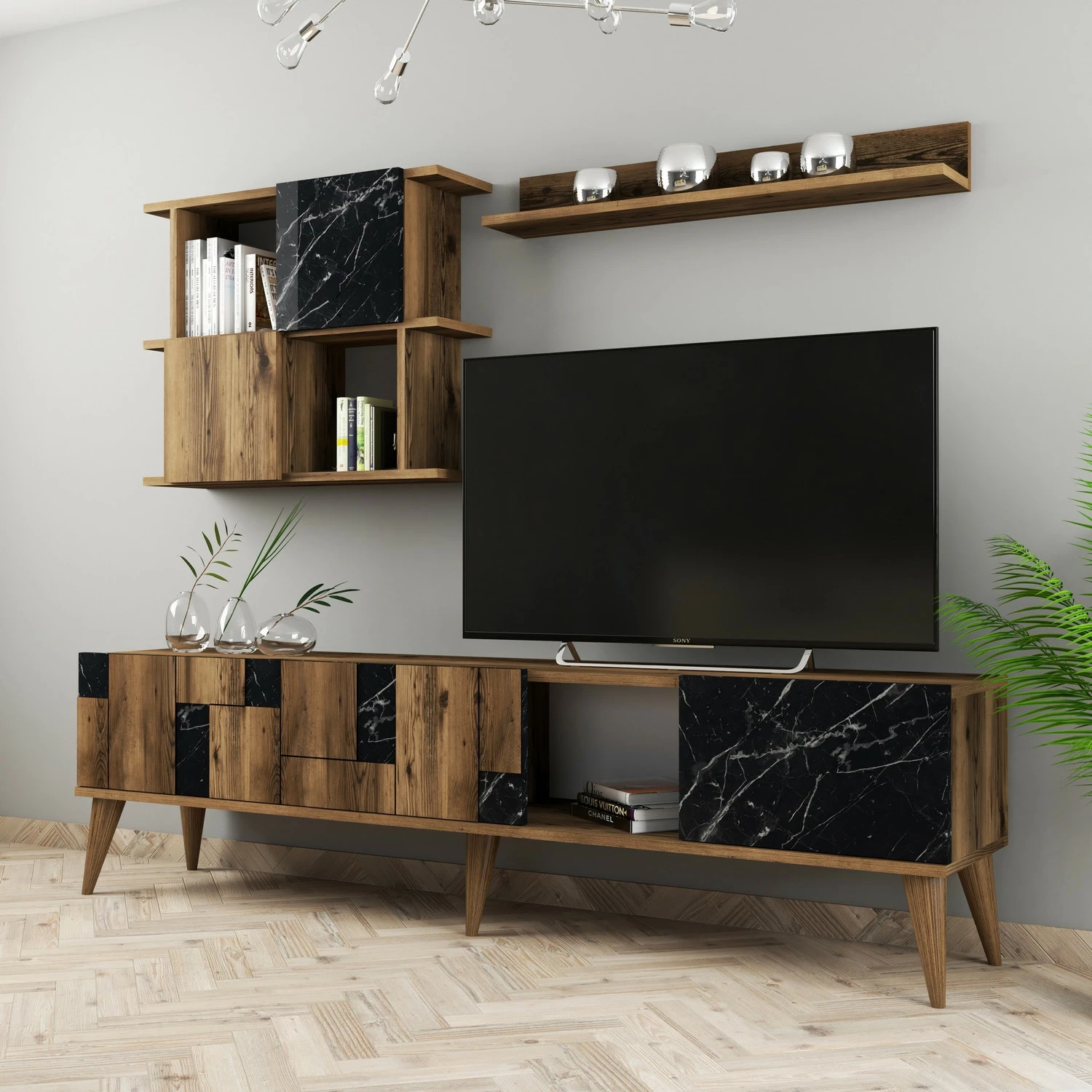 Komodë TV Skye Decor, Madrid, ngjyrë arre dhe e zezë
