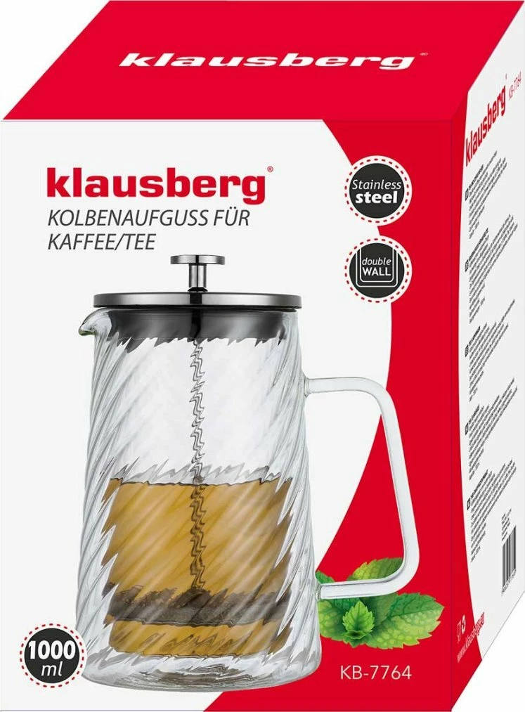 Infuzor me piston French press Klausberg KB-7764 1000 ml, xham borosilikat, dy-murësh, kapak rozë ari