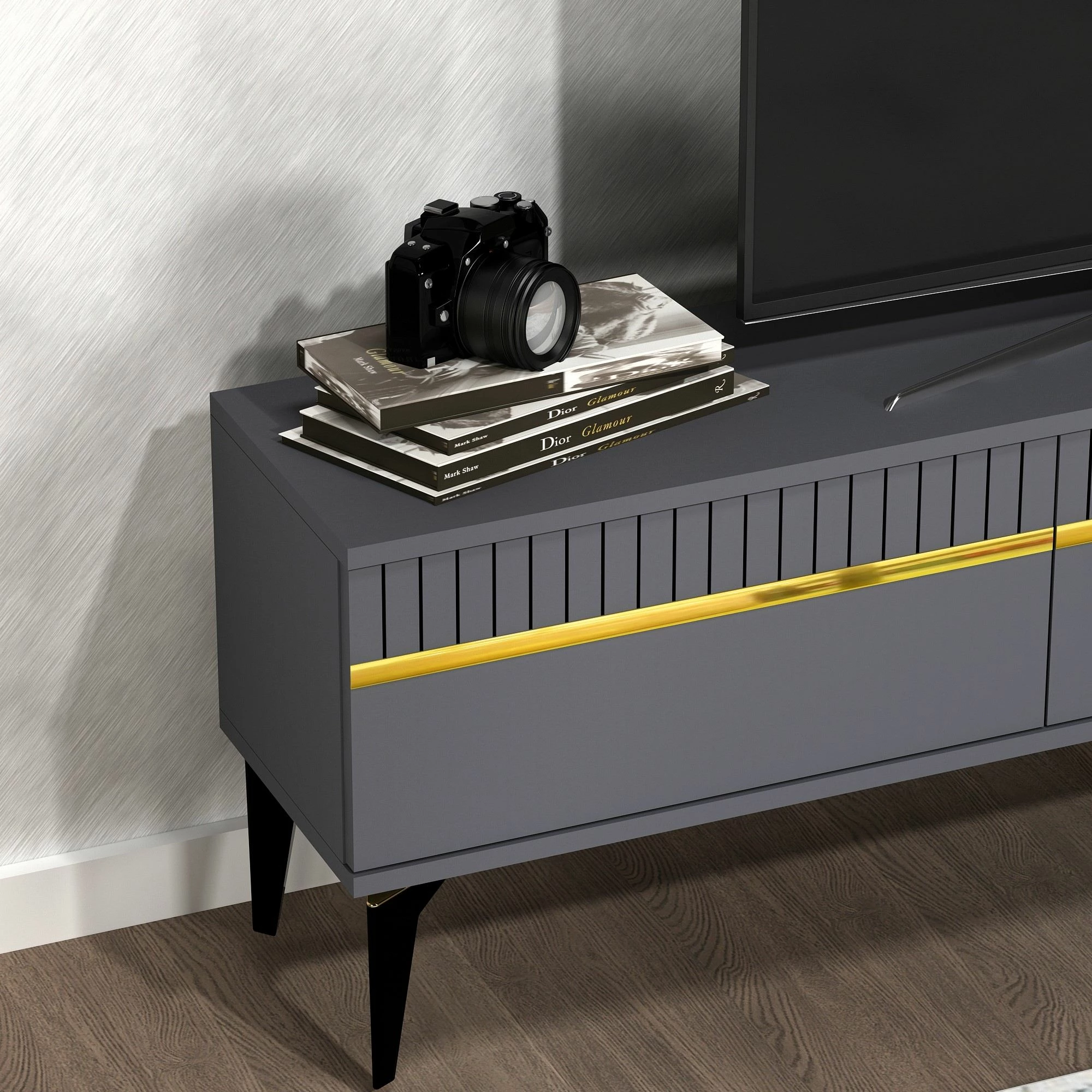 Komodë TV Skye Decor, ngjyrë antracit dhe ari, Defne