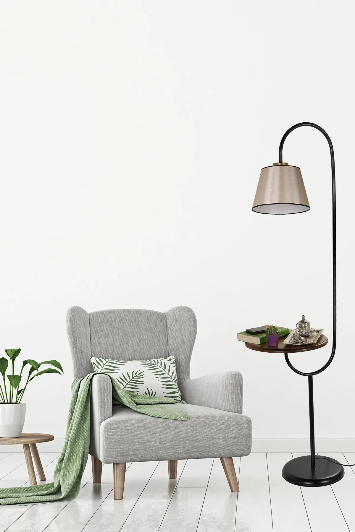 Llambë dyshemeje Opviq, Zümrüt, ngjyrë bezhë e errët, me rafte druri, 160cm