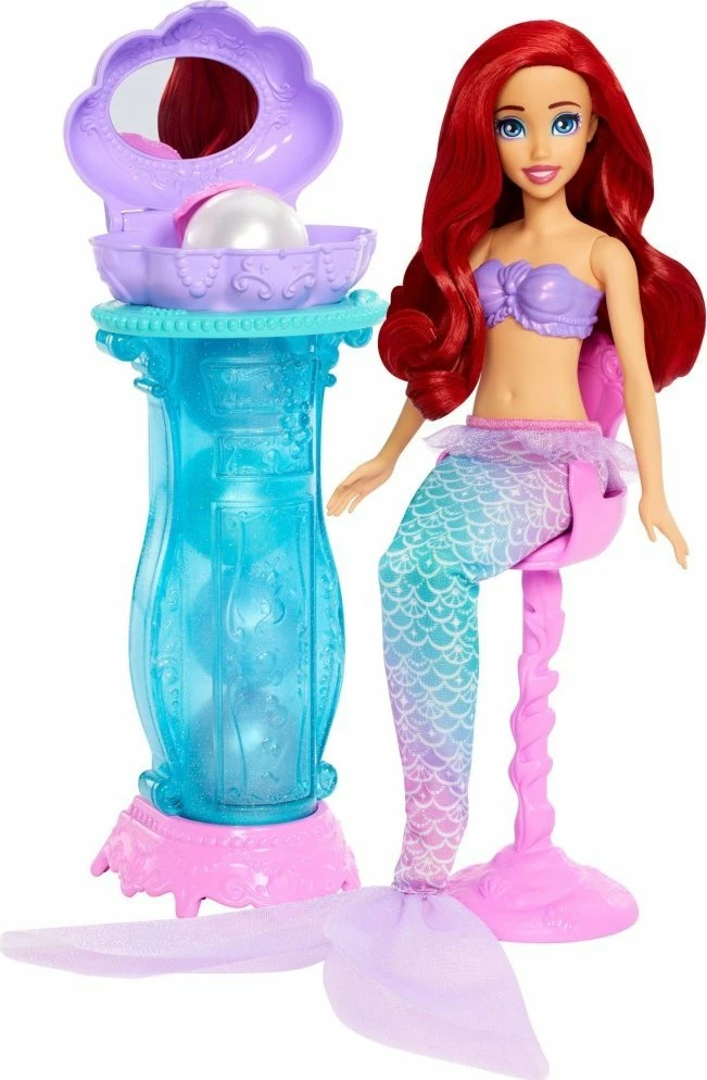 Set kukull Disney Princess Ariel me tavolinë grimi Pearl, Mattel JBF86, 28 cm, 5 surpriza