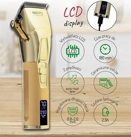 Makinë qethje Camry CR 2835G, 8 nivele 1.5-18 mm, teh qeramik & kokë titaniumi, bateri, USB-C, gold
