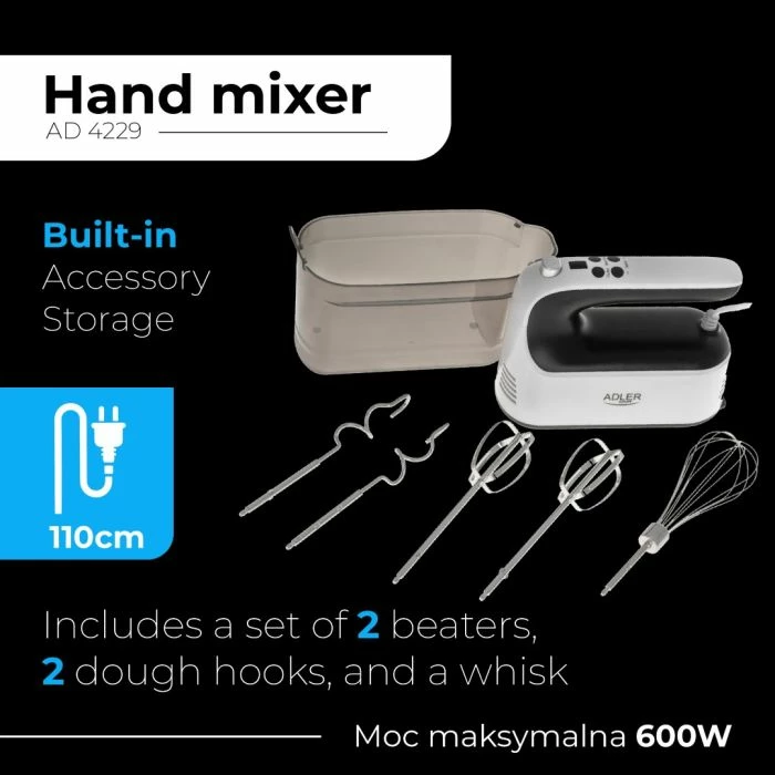 Mikser dore Adler AD4229 9-shpejtësi 600W max me ekran LCD, set 5 aksesorë, bardhë/zi