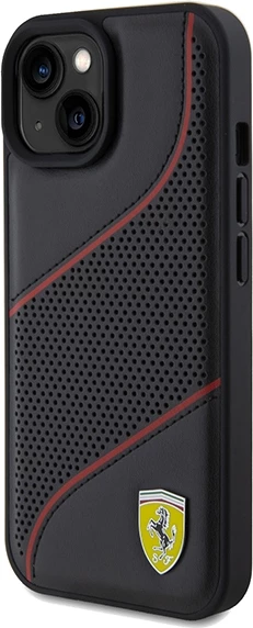 Mbështjellës Ferrari Perforated Waves Metal Logo për iPhone 15/14/13, e zezë