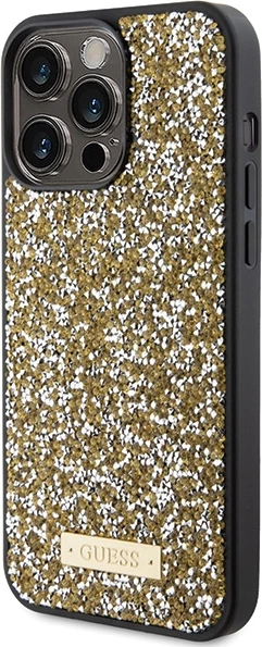 Mbështjellës Guess Rhinestone Metal Logo për iPhone 15 Pro, e verdhë