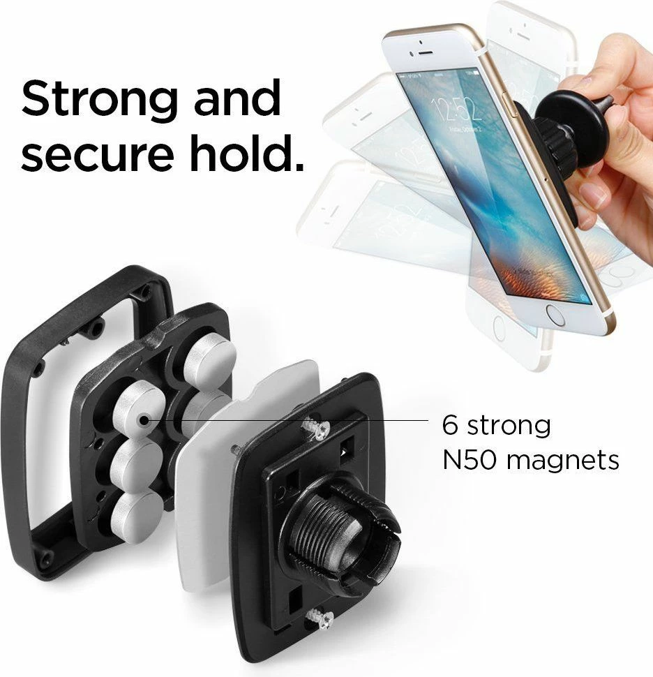 Mbajtëse telefoni magnetike për veturë Spigen H12 000CD20115, për grilë ventilimi, universale 3.5–7.0\", 360°, set 2 pllaka metalike + 2 filma mbrojtës, e zezë