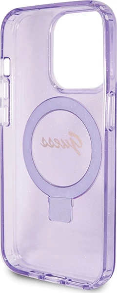 Mbështjellës Guess Ring Stand Script Glitter MagSafe për iPhone 15 Pro, vjollcë
