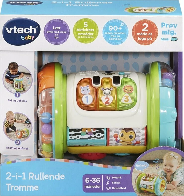 Daulle muzikore interaktive rrotulluese 2-në-1 Vtech Little Explorer Drum, shumëngjyrëshe