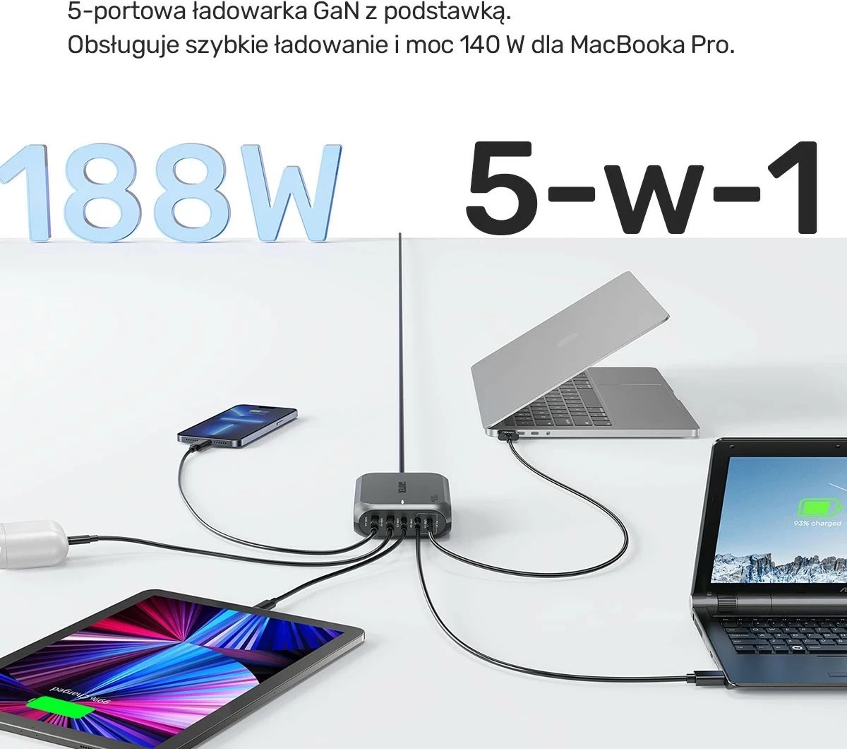 Karikues rrjeti Unitek GAN 188W, 2xUSB-A, 3xUSB-C, gri