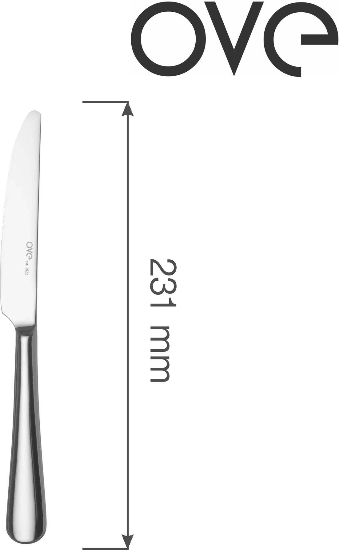 Thikë tavoline OVE Navarino 231 mm, çelik inox 18/10, set 12 copë, argjendtë