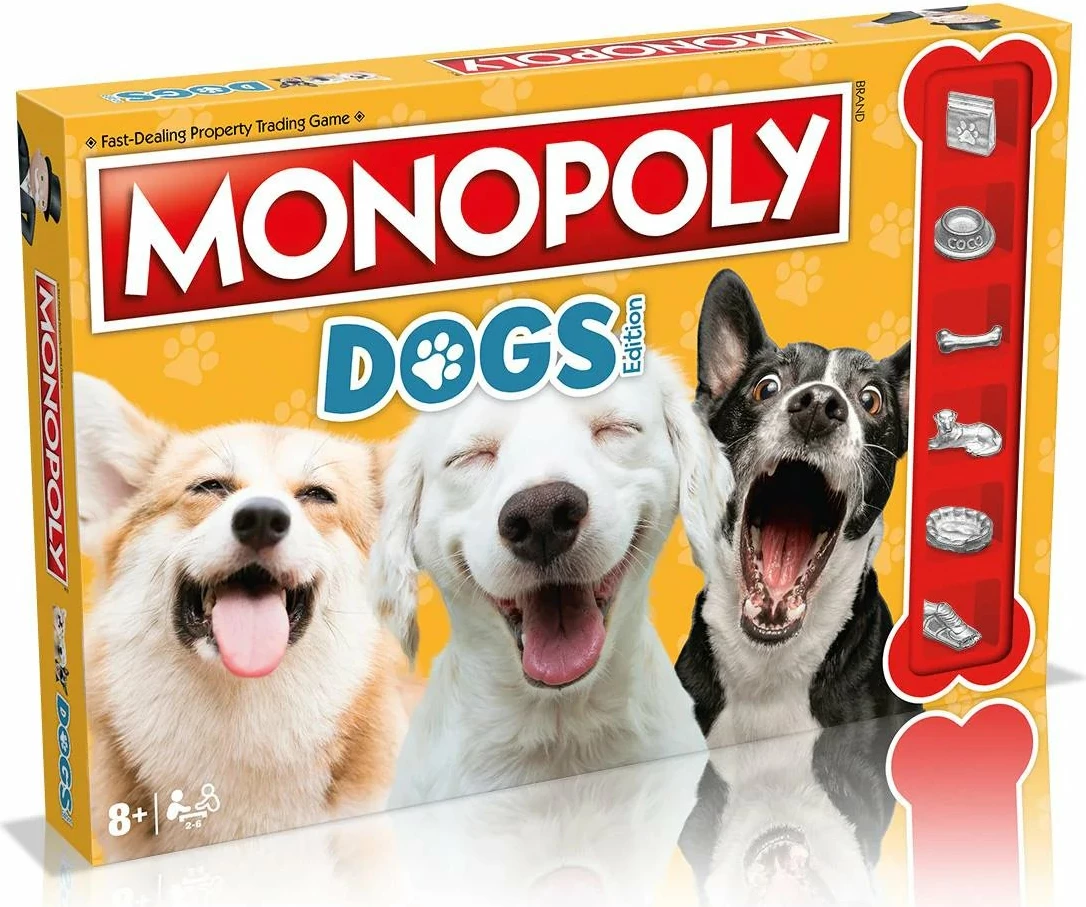 Lojë tavoline Winning Moves Monopoly Dogs Edition, 2-6 lojtarë, 8+, anglisht, me 6 figura metalike