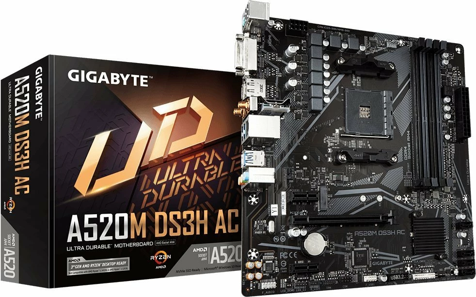 Pllakë amë Gigabyte A520M DS3H AC AM4 mATX, DDR4 128GB, Wi‑Fi 5 + Bluetooth