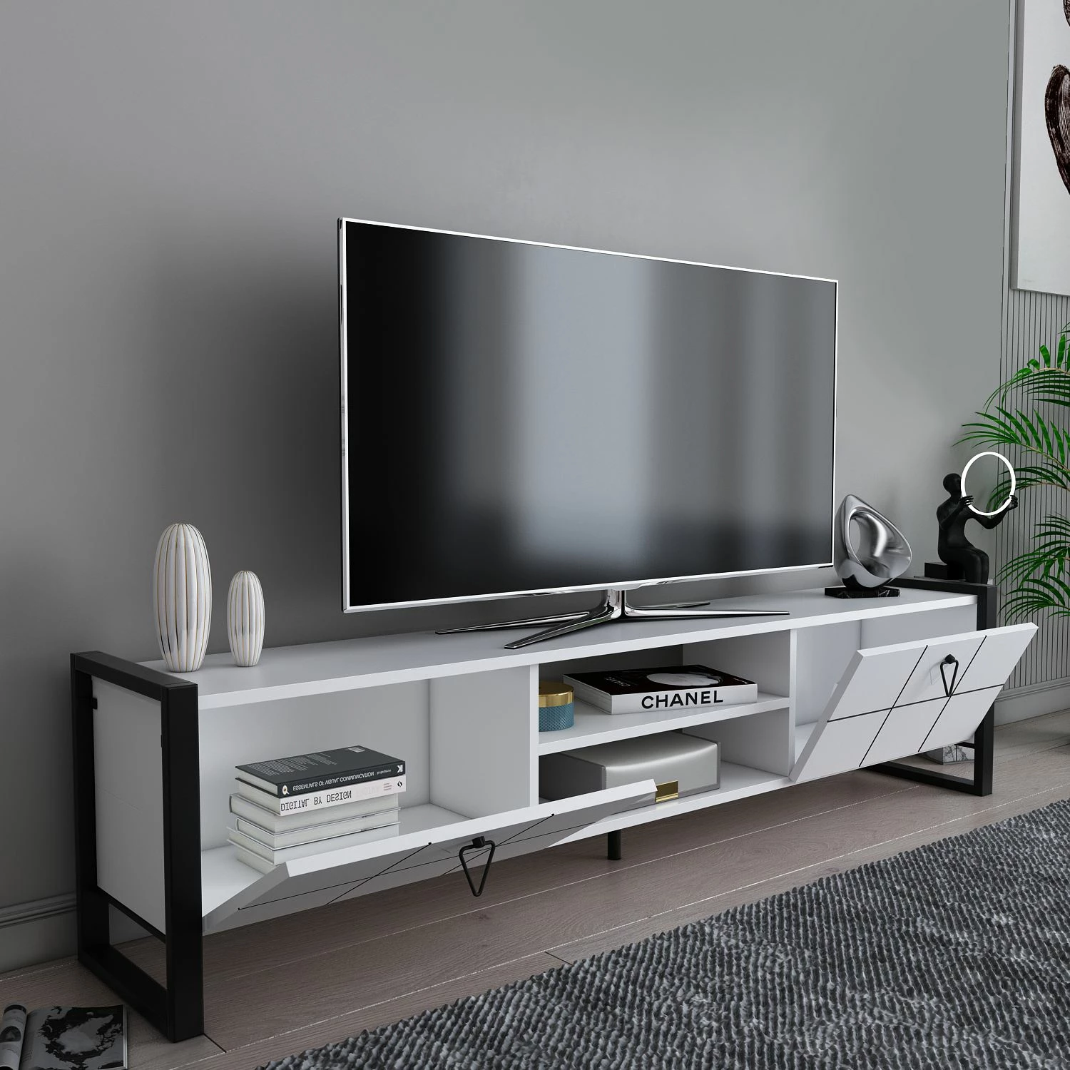 Komodë TV Skye Decor, e bardhë, e zezë