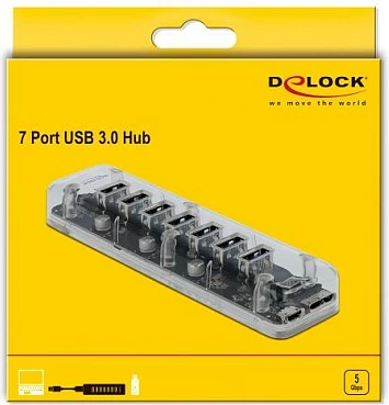 USB hub DeLOCK i jashtëm, 7 porte USB-A, USB 3.2 Gen 1, 5 Gbps, transparent