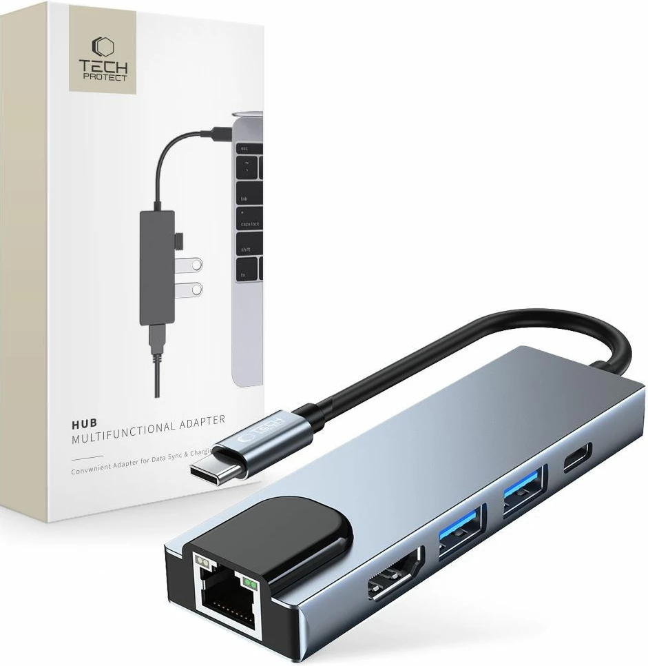HUB Tech-Protect V3 5in1, USB-C, USB-A 3.0, USB-A 2.0, USB-C, HDMI, RJ45, Gri
