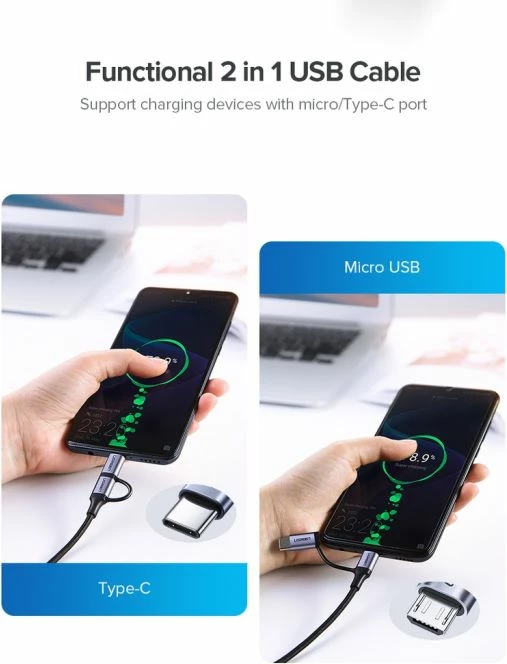 Kabllo UGREEN USB-A në Micro USB + USB-C MPN 30875 1m 2.4A 2-në-1 e gërshetuar, e zezë