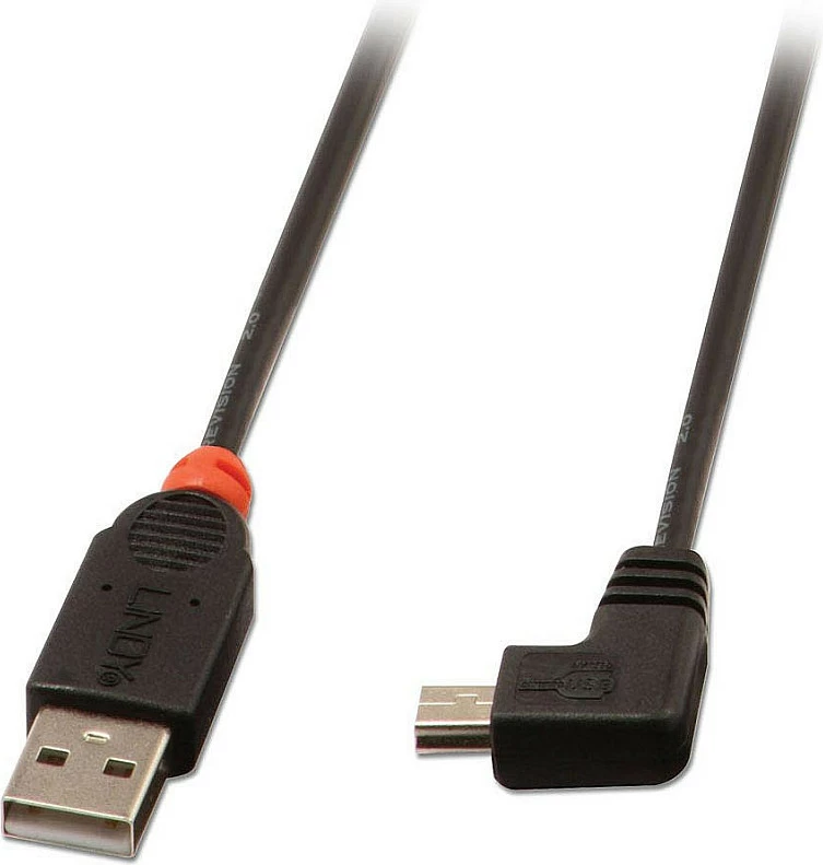 Kabllo USB LINDY 2m, USB-A në Mini-USB B, 90° këndore, USB 2.0, e zezë