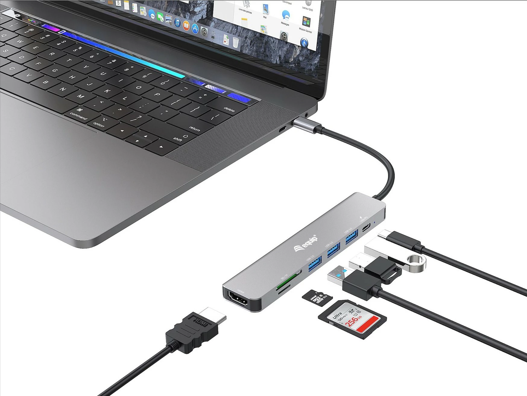 Adapter multifunksional USB-C 7-në-1 Equip 133494, HDMI 4K/60Hz, 3x USB 3.2, SD/MicroSD, 100W, argjendtë