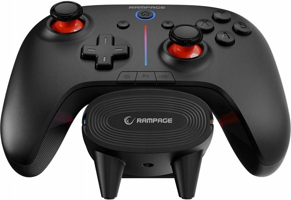 Kontroller lojërash Rampage Hydra Pro (HYDRAPRO-BLACK), RGB, Bluetooth/2.4GHz/USB, me stacion karikimi, i zi