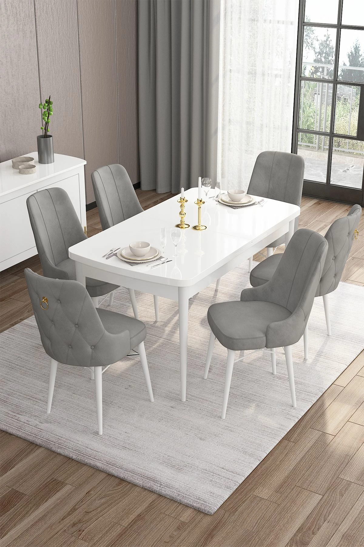 Tavolinë me karrige për ngrënie, zgjatshme, 7 copë, Skye Decor, e bardhë, gri