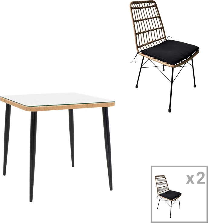 Set tavoline për ngrënie Naoki U, 3 pjesë,, ratan pe, ngjyrë natyrale dhe metal i zi, 80x80x78cm